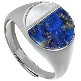 NicoWerk SRI975 Women's Silver Ring Blue Night 925 Sterling Silver Wide with Stone Lapis Lazuli Pearl Playful Elegant Elegant Round Circle Open