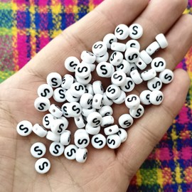 Looconi Letter Beads S 200pcs 7x4mm White Round Acrylic Black Alphabet for Bracelet Jewelry Making