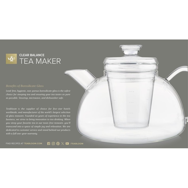 Teabloom Innovative Filtered Borosilicate Glass Teapot With Microdot Loose Tea