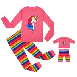HDE Girls Unicorn Pajamas with Matching Doll Outfit Cotton Pajama Set for Girls Pink Pink Rainbow Unicorn/Long - 12