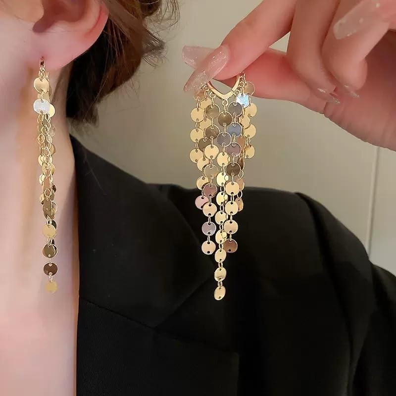Long Sequin Tassel Statement Dangle Earrings for Women (V-Gold)