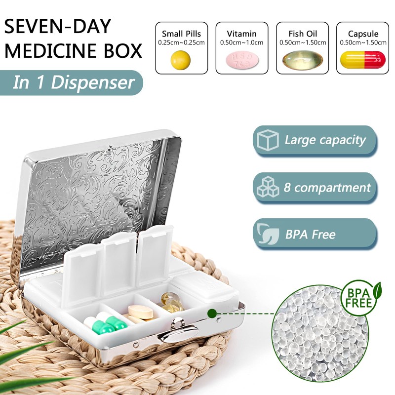 Pill Organizer 7 Days 8 Compartments, Travel Metal Pill Box,