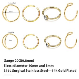 NICITY 8Pcs Gold Fake Nose Ring Set Non Piercing Nose Rings for Women Men Girl