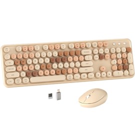 MPTOG Colorful Wireless Computer Keyboard and Mouse Combo with Round Typewriter Keycaps, Retro Design, Power Switch, Ergonomic Design, 2.4GHz Wireless for Windows, Mac, PC(Milk-Tea Colorful)