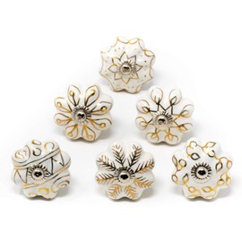 ETHNICITI Set of 6 Pumpkin Flower Golden Hand-Painted Gold Ceramic Door Knobs Vintage Shabby Chic Cupboard Drawer Pull Handles