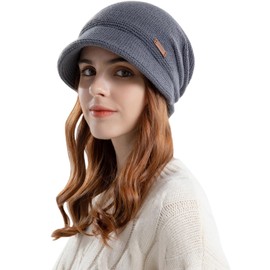 Enwokran Women Winter Knit Visor Hat Fleece Lined Warm Pullover Beret Hat, Newsboy Cap with Brim Cloche Ear Protection Hat for Women (Dark Gray)