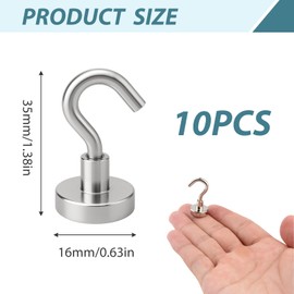 10PCS Magnetic Hooks, Heavy Duty 17.5lbs+ Strong Neodymium Fridge Magnet Hooks for Hanging Towels Keys Utensils Curtains Tools, Rustproof Stainless Steel Hook Set for Kitchen Grill Door, Silver