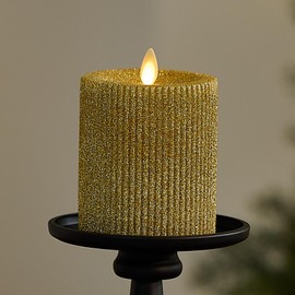 Luminara Rich Gold Glitter Ribbed Flameless LED Candle Moving Flame Pillar, Real Wax, Flat Top, Timer (3.25" x 4.5")