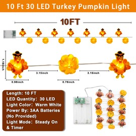 30LED/10Ft Thanksgiving Decorations Turkey Pumpkin Lights with Timer, Thanksgiving Lights Decorations Battery Operated Turkey Lights Copper Wire Fairy Lights for Thanksgiving Party Home Indoor Decor