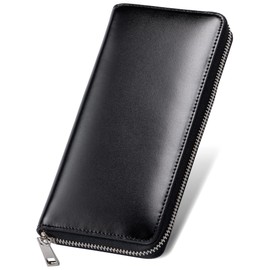 Mura Men's Long Wallet, Zipper, Genuine Leather, Card Slot, Coin Purse, Zip Around (Cordovan Style/Black), cordovan style/black