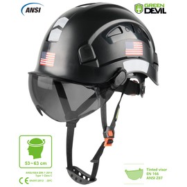 GREEN DEVIL Safety Helmet Hard Hat with Visor Chinstrap Adjustable Lightweight Vented ABS Work Helmet for Men and Women 6-Point Suspension ANSI Z89.1 Approved Ideal for Industrial & Construction