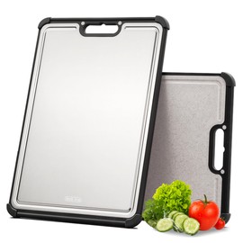 Premium 316 Stainless Steel Cutting Board for Kitchen Extra Large 16.9" x 11.8" Best Non-Toxic Chopping Board for Meat Food-Grade Metal & Eco-Friendly Wheat Straw Dual-Sided Healthy Kitchen Essential