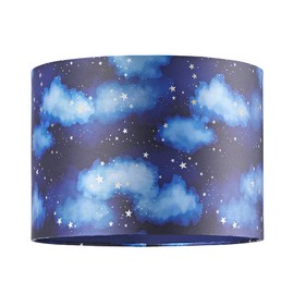 Modern ands Cute Navy Midnight Blue Childrens Round Drum Lamp Shade with Bright Golden Stars and Fluffy White Clouds | 25cm Diameter | 60w Maximum by Happy Homewares