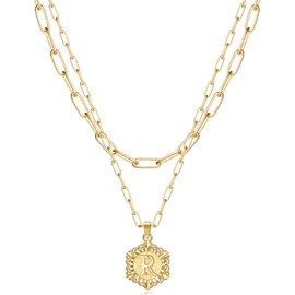 KissYan Initial Necklaces for Women, 14K Gold Plated Hexagon Letter Pendant Silver Chain Dainty Layered White Gold Paperclip Link Adjustable Capital A-Z Choker Necklace Trendy Jewelry Gifts