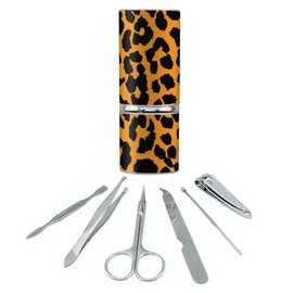 Leopard Print Orange And Black Stainless Steel Manicure Pedicure Grooming Beauty Care Travel Kit