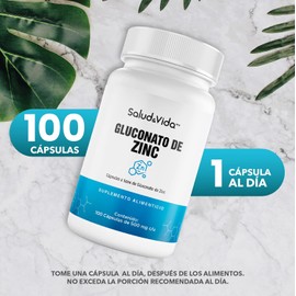 Gluconato de Zinc 20 mg de Zinc Elemental | Uno al día | 100 Cápsulas | S&V | Sin Gluten y Sin OMG