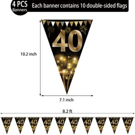 40 Pieces Happy 40th Birthday Banner Bunting Flags Gold and Black Glitter 40th Birthday Anniversary Party Decoration Supplies, 40th Birthday Triangle Flag Banner for Men Women