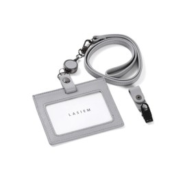 LASIEM Men's ID Card Holder, Pass Case, Genuine Leather, With Reel, Passing Passage, Name Holder, Neck Strap (Light Gray)