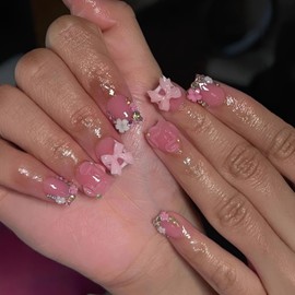 Short Square Press on Nails Flower Fake Nails French Tip Press on Nails with Rhinestones Design 3D Pink Bow Glue on Nail Glossy False Nails White Pink Stick on Nail Decoration Set 24Pcs
