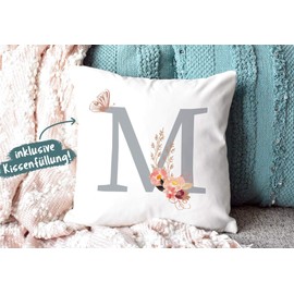 PR Print Royal Cushion with Initial Letter Including Cushion Filling - Letter M in Grey - Personal Gift / Decoration for Living Room Bedroom / Letter Cushion Monogram