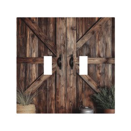 VGHOKO Decorative Switch Plate Cover with Rustic Barn Door Vintage Weathered Wood Texture Design 2 Gang Wall Plate Unique Double Toggle Double Light Switch Covers for Farmhouse Kitchen Decor