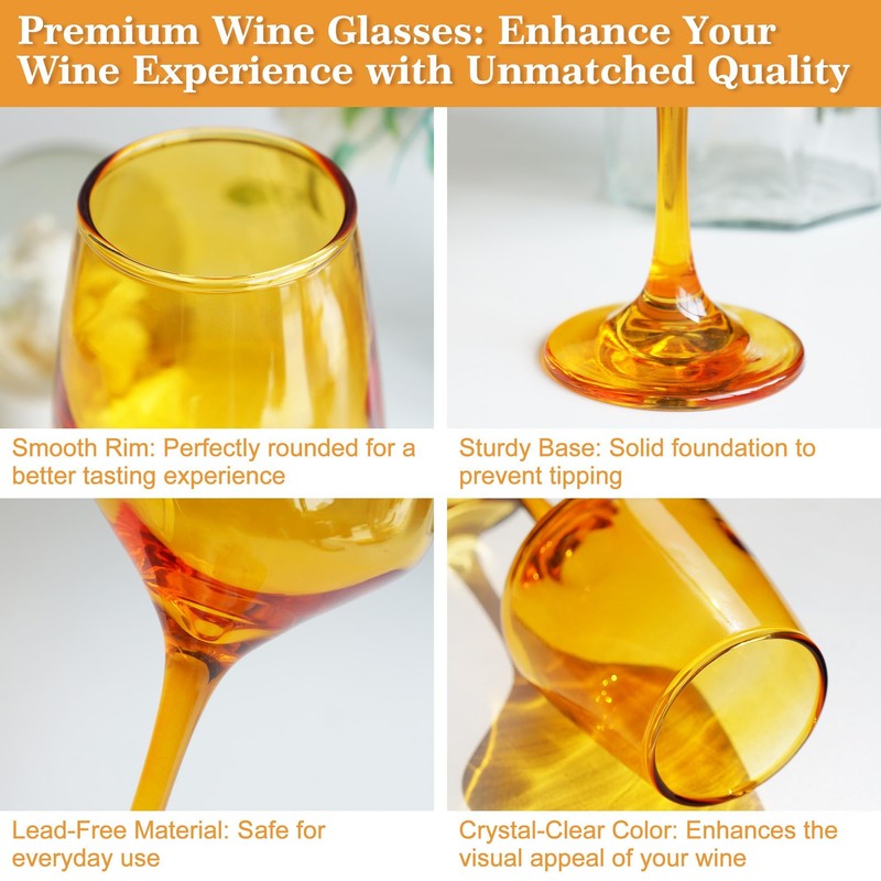 GLAZVIA Amber Wine Glasses Set of 6, 14oz Stemmed Glasses,