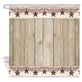 Rusitc Wood Boards Shower Curtain, Western Texas Star and Primitive Berries on Country Wooden Plank Bath Curtains, Polyester Fabric Bathroom Country Barn Farmhouse Shower Curtain 12PCS Hooks, 69X70IN