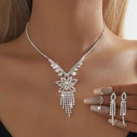 Xerling Women Tassel Rhinestone Jewelry Set Bling Floral Statement Wedding Necklace Earrings Set Brides Bridal Jewelry for Evening Dress Party Prom