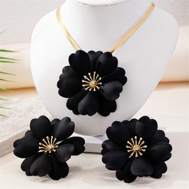 COLORFUL BLING Bohemian 3D Daisy Flower Earrings Choker Necklace Set for Women Floral Petal Adjustable Chunky Chain Statement Jewelry Wedding Birthday Gift-C black