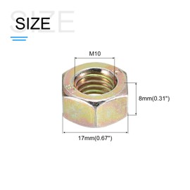 METALLIXITY Hex Nuts (M10x1.5mm) 50Pcs, Carbon Steel Metric Coarse Thread Zinc Plated Hexagon Nut Hardware - for DIY Home Repair Machinery, Yellow Zinc