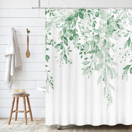 Tititex Mint Green Eucalyptus Shower Curtain Sets, Watercolor Leaves on The Top Plant with Floral Bathroom Decoration 60x72 Inch with Hooks