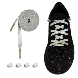 FoxBob No Tie Holographic Faux Leather Sneaker Shoe Laces for Kids and Adults with 4 Metal Push Buckles (Holographic-Silver, 55"/140CM)