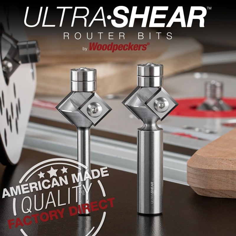 Ultra-Shear Chamfer Router Bits, 1/2 Shank, 45 Degree, Twin Pilot