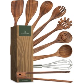 WALDWERK Wooden Spoons for Cooking – 9-Piece Kitchen Utensils Set with Spatula, Tongs, Whisk, Wooden Spoons & Pasta Server – Wooden Utensil Set – Utensil Sets - Cooking Utensils - Non Toxic