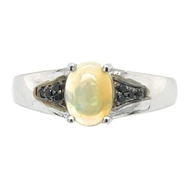 Genuine Ethiopian Opal Cabochan, Black Spinel 925 Solid Sterling Silver Engagement Ring Size 5, 6, 7, 8, 9