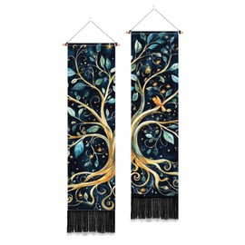 PLIGREAT 2 Pack Tree of Life Long Tapestry Vertical Leaves Birds Wall Hanging with Tassels Black Aesthetic Wall Tapestry for Bedroom Bathroom Living Room Long Narrow Home Hanging Decor