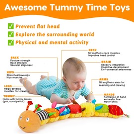 Baby Toys 0-3-6-12 Months Sensory Caterpillar Toys 0-3 Month Music Animal Stuffed Plush Toy for Infant Tummy Time with Crinkle Rattle for Newborn 9-12 Month Texture Toy for Boy Girl Birthday Gifts