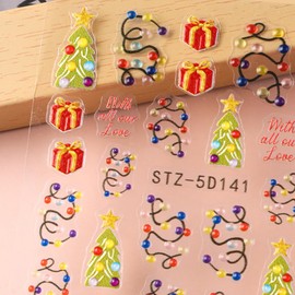 Christmas Nail Stickers 5D Embossed Nail Decals Christmas Tree Coloured Lanterns Designs Winter Stickers DIY Nail Art Decoration Holiday Nails Art Supplies 2Pcs