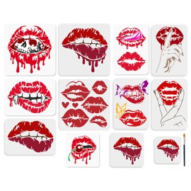 MAYJOYDIY 12Pcs Bleeding Red Lips Stencils Vampire Skull Painting Stencil 5.9~11.8inch Reusable Cherry Butterfly Drawing Template with Paint Brush for Craft on Window Wood Wall Home Decor