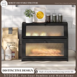 STDDRE Bread Box for Kitchen Countertop Bin Double Layer Bread Box Storage Container Extra Large Capacity Farmhouse with Diamond Pattern Windows (Black, Large)