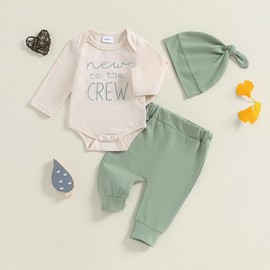 Twopumpkin Newborn Baby Boy Clothes Outfits Short Sleeve Romper Bodysuit Cotton Pants and Hat Coming Home Outfit (Long Embroidered New to the Crew Khaki Green,3-6 Months)