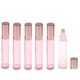 6 Pcs 10ml Glass Roll On Bottle,Empty Refillable Roller Bottles Vials with Stainless Steel Roller Ball and Rose Gold Cap for Essential Oils Perfumes and Lip Balms Liquid Cosmetic Container, Pink,