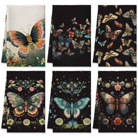Bencailor 6 Pcs Vintage Butterfly Kitchen Towels 15.7 x 23.6 Decorative Soft Absorbent Dish Tea Towels for Hand Bathroom Kitchen Cotton Linen Butterfly Kitchen Decor for Cooking Baking Cleaning