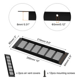 QUARKZMAN Rechteckiges Lüftungsgitter, Aluminiumlegierungsgitter Lüftungsabdeckung mit Montageschrauben für Schrank Kleiderschrank Schuhschrank (250x80mm/10"x3", Schwarz)