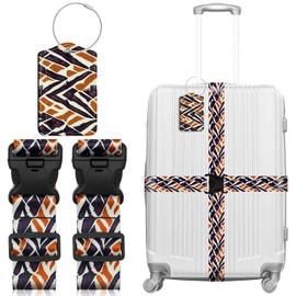 2 Pack Printed Luggage Straps and 1 Pack Pattern Lugguge Tags for Suitcases, Travel Belt, Suitcase Strap, Suitcase Belts Wide Adjustable Quick Release Buckle Packing Straps - Irregular Block