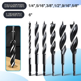 6PCS Auger Drill Bit 6" Long for Wood,Quick Change Hex Shank Tri Flute Wood Drill Bit for Soft and Hard Wood,Plastic,Drywall and Composite Materials(1/4",5/16",3/8",1/2",9/16",5/8")