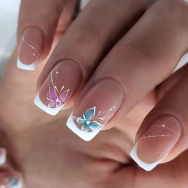 ANDGING French Tip Press on Nails Short Medium Square White fake on Nails with Butterfly Design Acrylic Fake Nails for Wedding False Nails Women Girls Gel Manicure Stick on Nail with fake FSD88AL