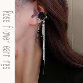 TseenYi Black Rose Flower Earring Silver Crystal Chain Tassel Earring Boho Black Floral Stud Earrings Long Chain Tassel Drop Earring Sparkling CZ Bridal Earring Jewellery for Women and Girls, Alloy