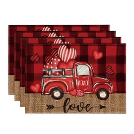 Artoid Mode - Juego de 4 manteles individuales con diseño de corazones de búfalo a cuadros, color negro y rojo, para decoración de fiesta, cocina, comedor