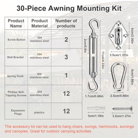 Awning Attachment Set, M5 Heavy Duty Sun Shade Sail Stainless Steel Hardware Kit Sunshade Hook Sun Shade Sail Fixing Hardware Accessories